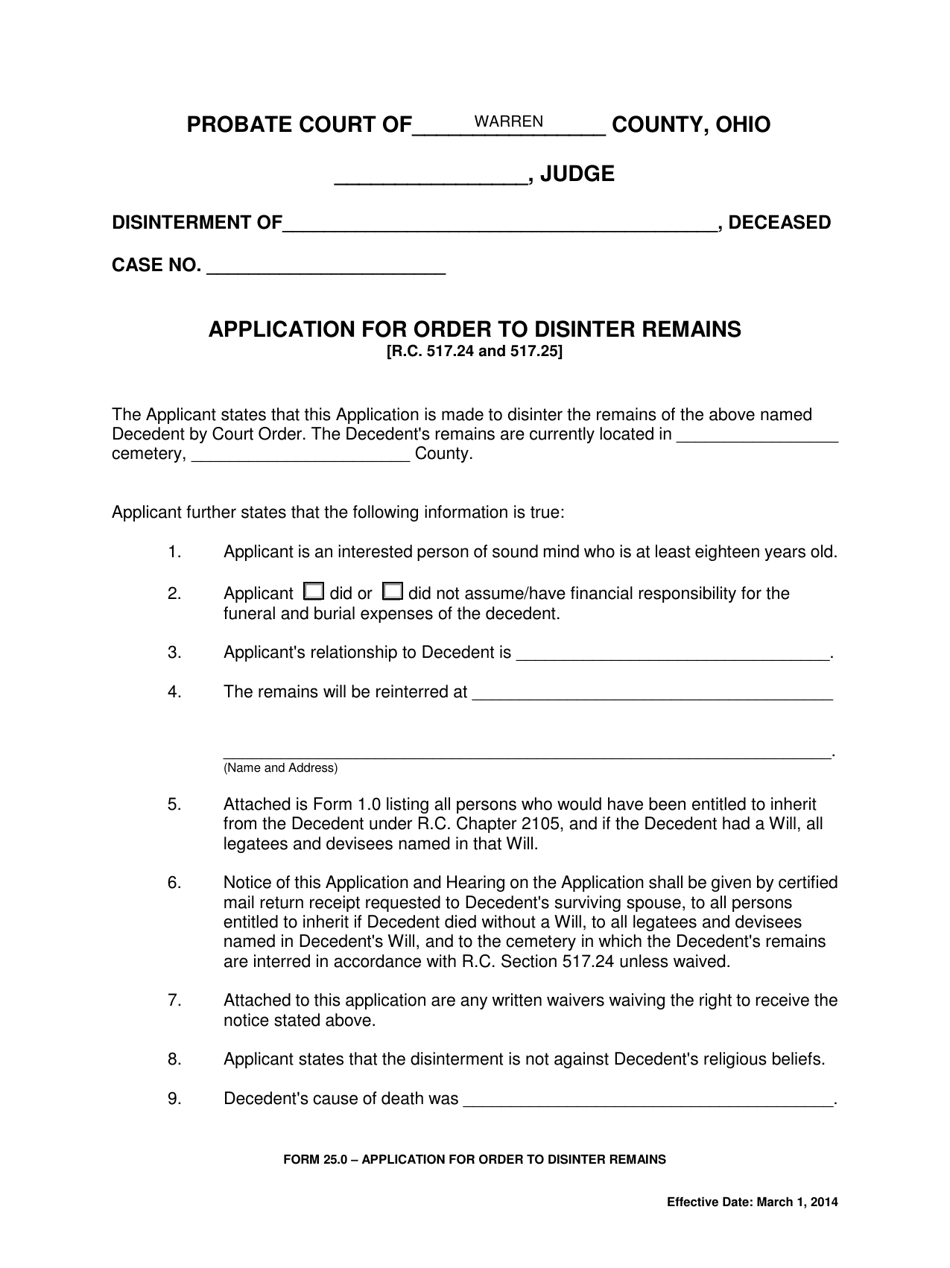 Form 25.0 Application for Order to Disinter Remains - Warren County, Ohio, Page 1
