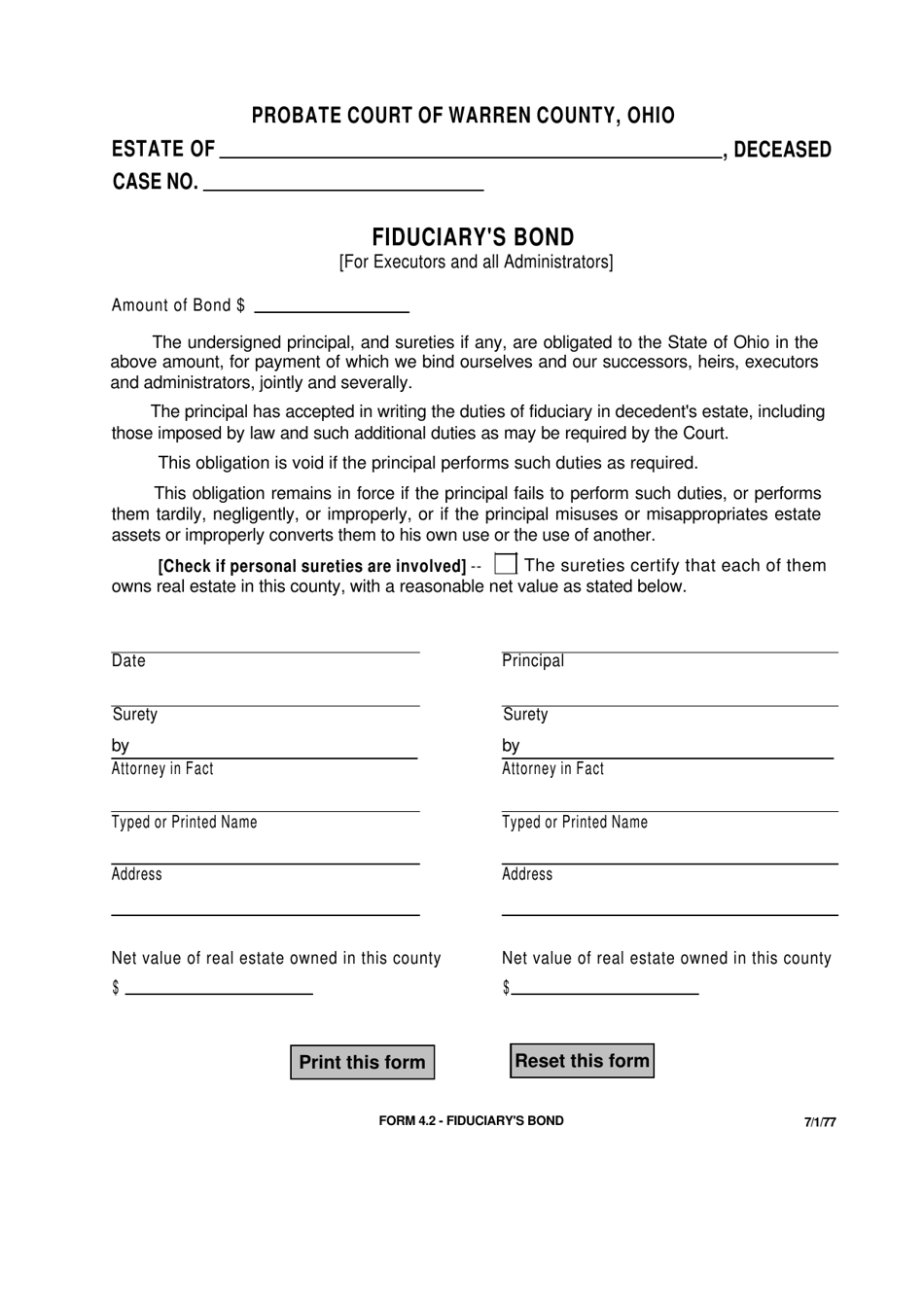 Form 4.2 Fiduciarys Bond - Warren County, Ohio, Page 1