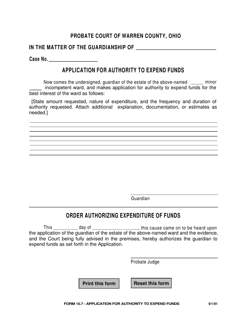 Form 15.7 Application for Authority to Expend Funds - Warren County, Ohio, Page 1
