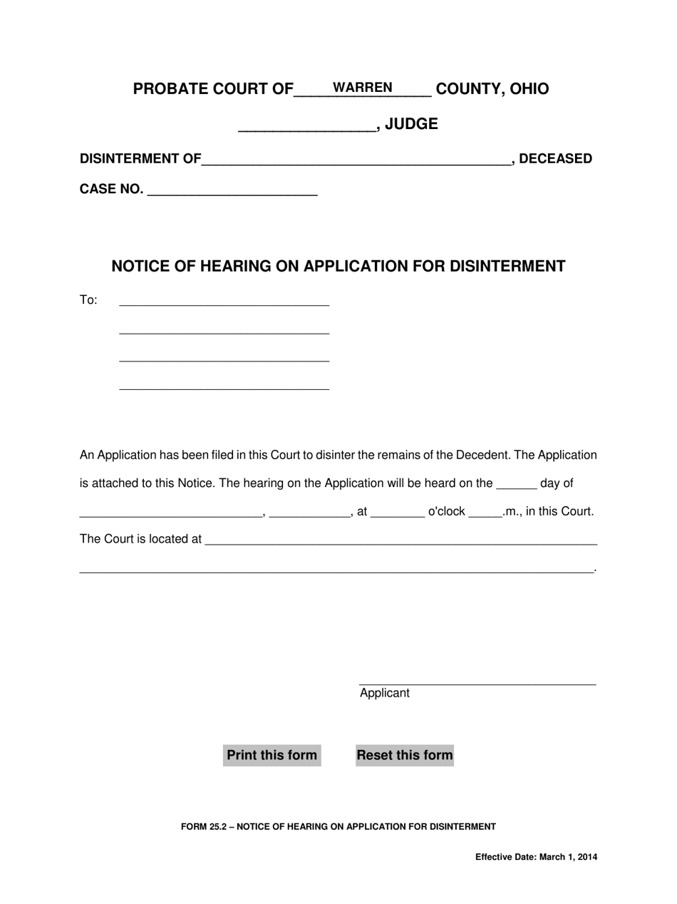 Form 25.2 Notice of Hearing on Application for Disinterment - Warren County, Ohio, Page 1