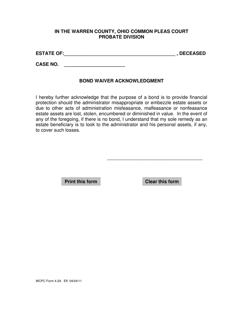 WCPC Form 4.2A Bond Waiver Acknowledgment - Warren County, Ohio, Page 1