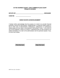 Document preview: WCPC Form 4.2A Bond Waiver Acknowledgment - Warren County, Ohio