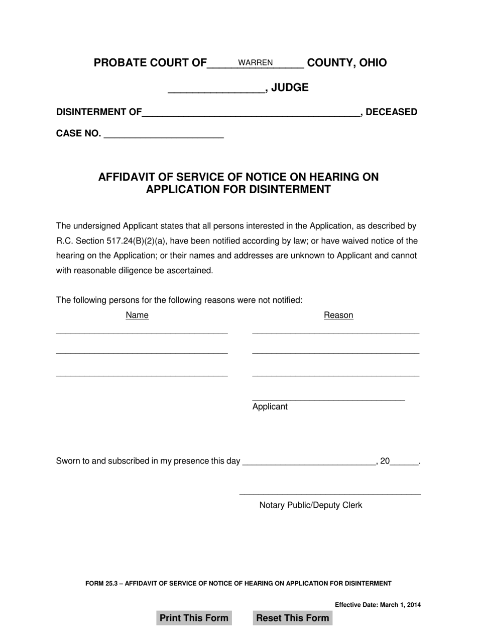 Form 25.3 Affidavit of Service of Notice on Hearing on Application for Disinterment - Warren County, Ohio, Page 1