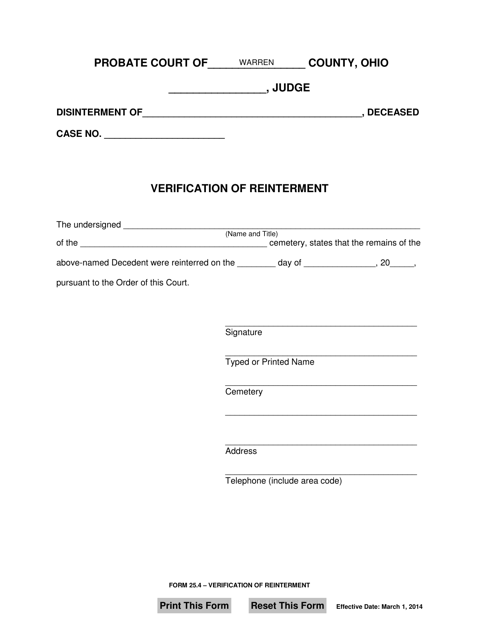 Form 25.4 Verification of Reinterment - Warren County, Ohio