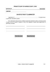 Document preview: Form 4.3 Waiver of Right to Administer - Warren County, Ohio