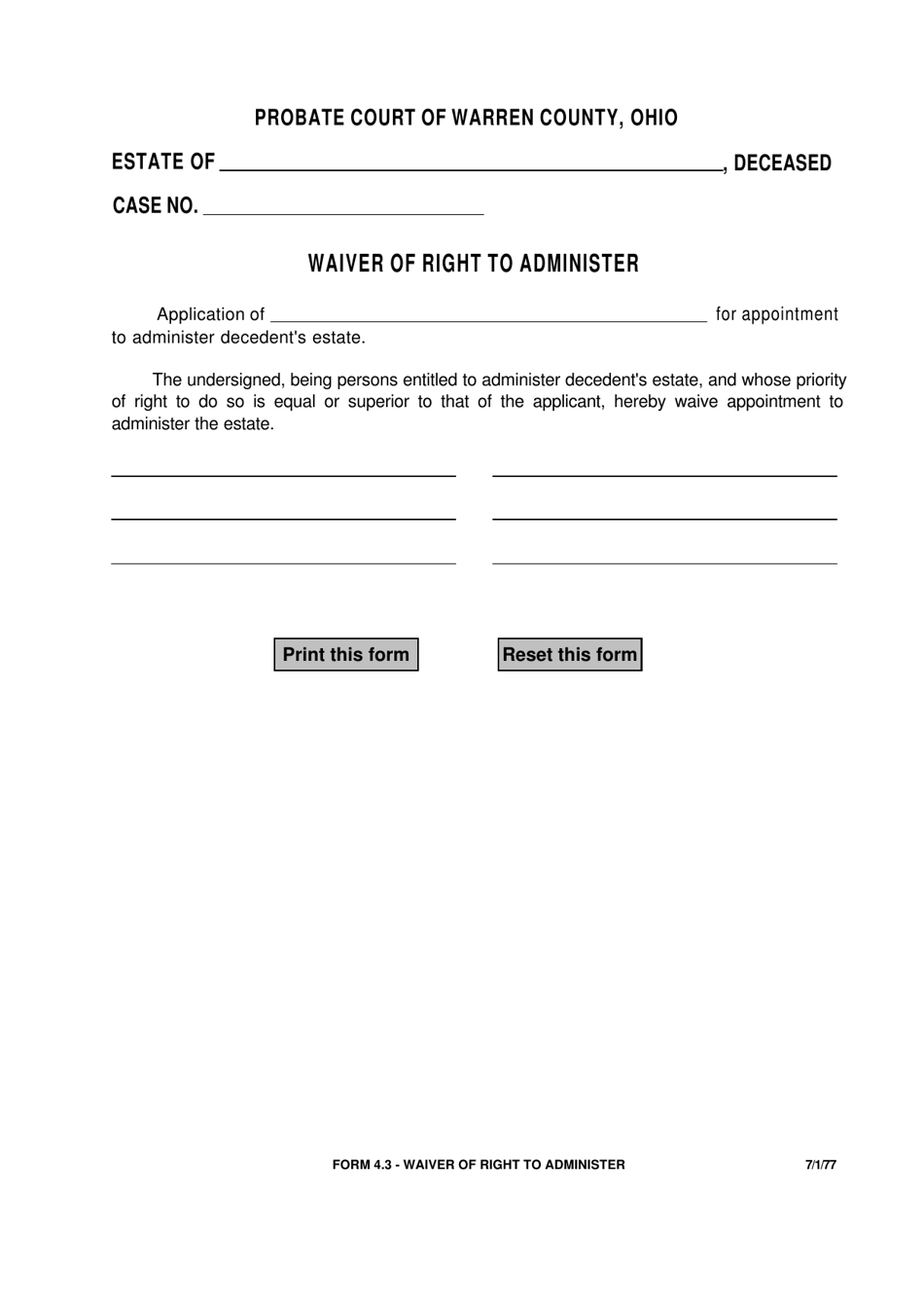 Form 4.3 Waiver of Right to Administer - Warren County, Ohio, Page 1