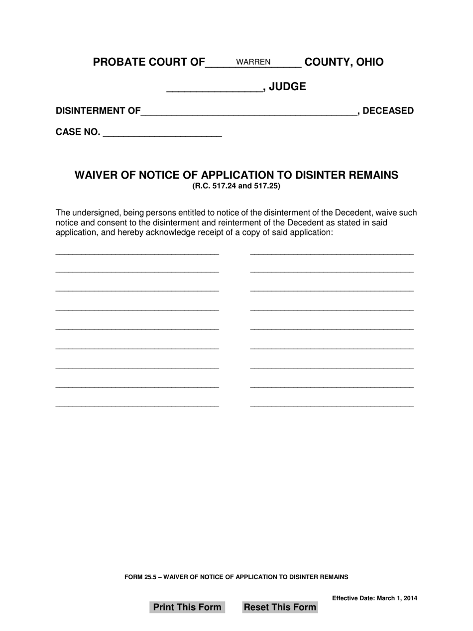 Form 25.5 Waiver of Notice of Application to Disinter Remains - Warren County, Ohio, Page 1