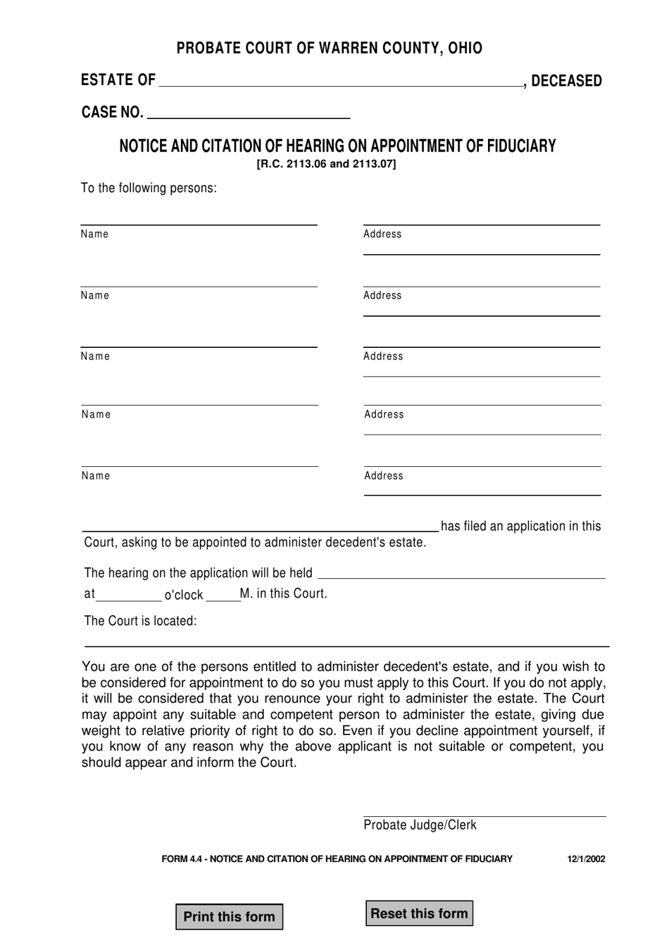 Form 4.4 Download Fillable PDF or Fill Online Notice and Citation of ...