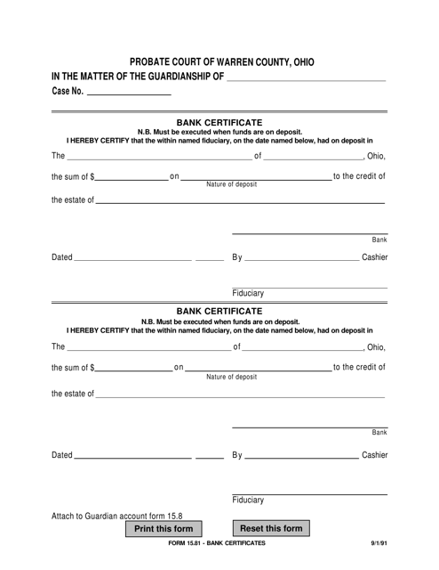 Form 15.81 Bank Certificates - Warren County, Ohio