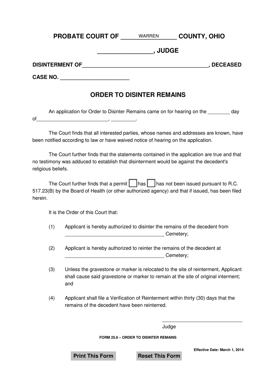 Form 25.6 Order to Disinter Remains - Warren County, Ohio, Page 1