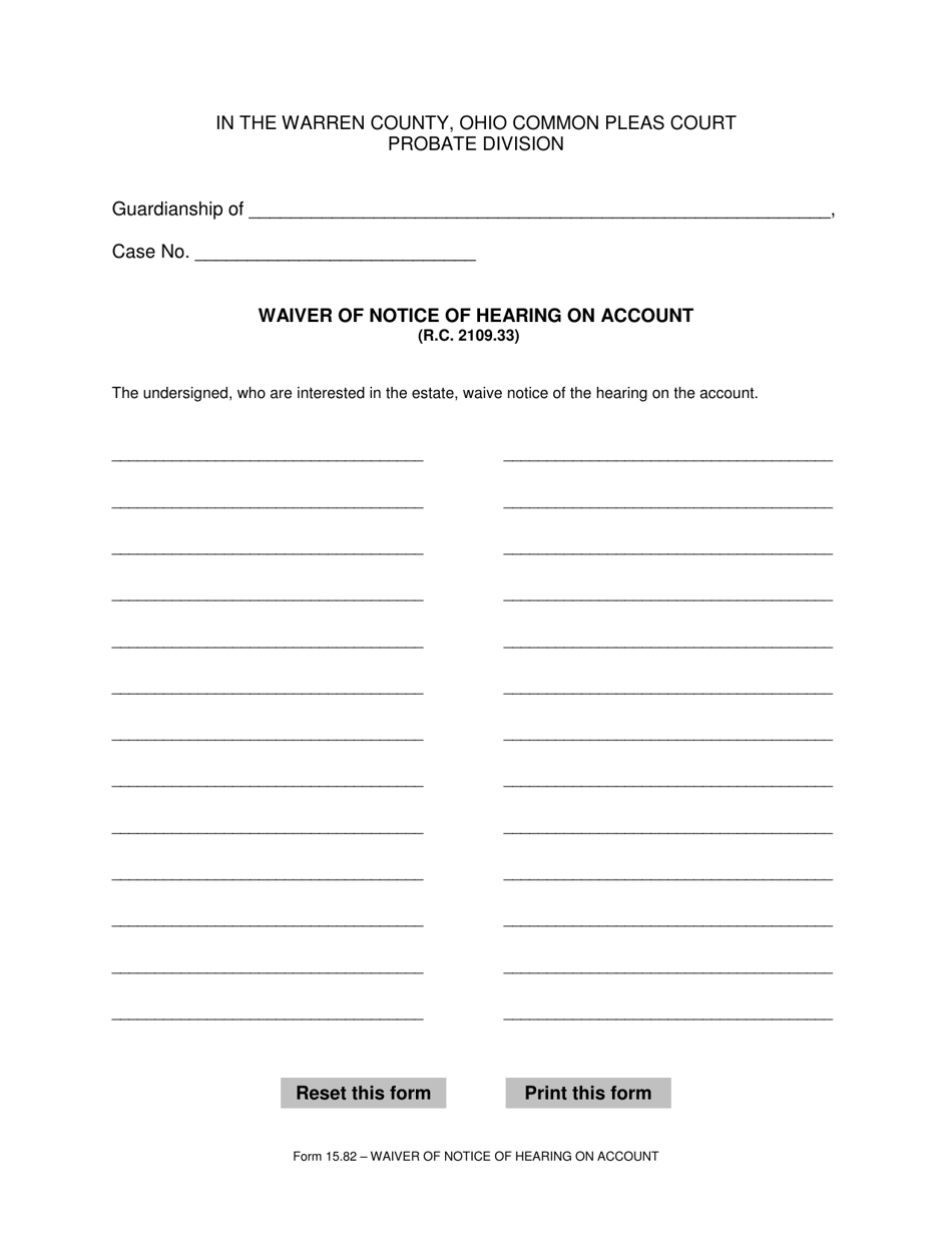 Form 15.82 Waiver of Notice of Hearing on Account - Warren County, Ohio, Page 1