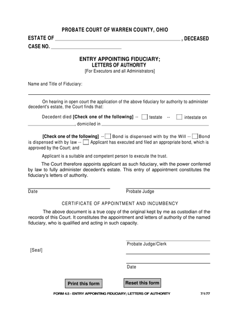 Form 4.5 Entry Appointing Fiduciary; Letters of Authority - Warren County, Ohio