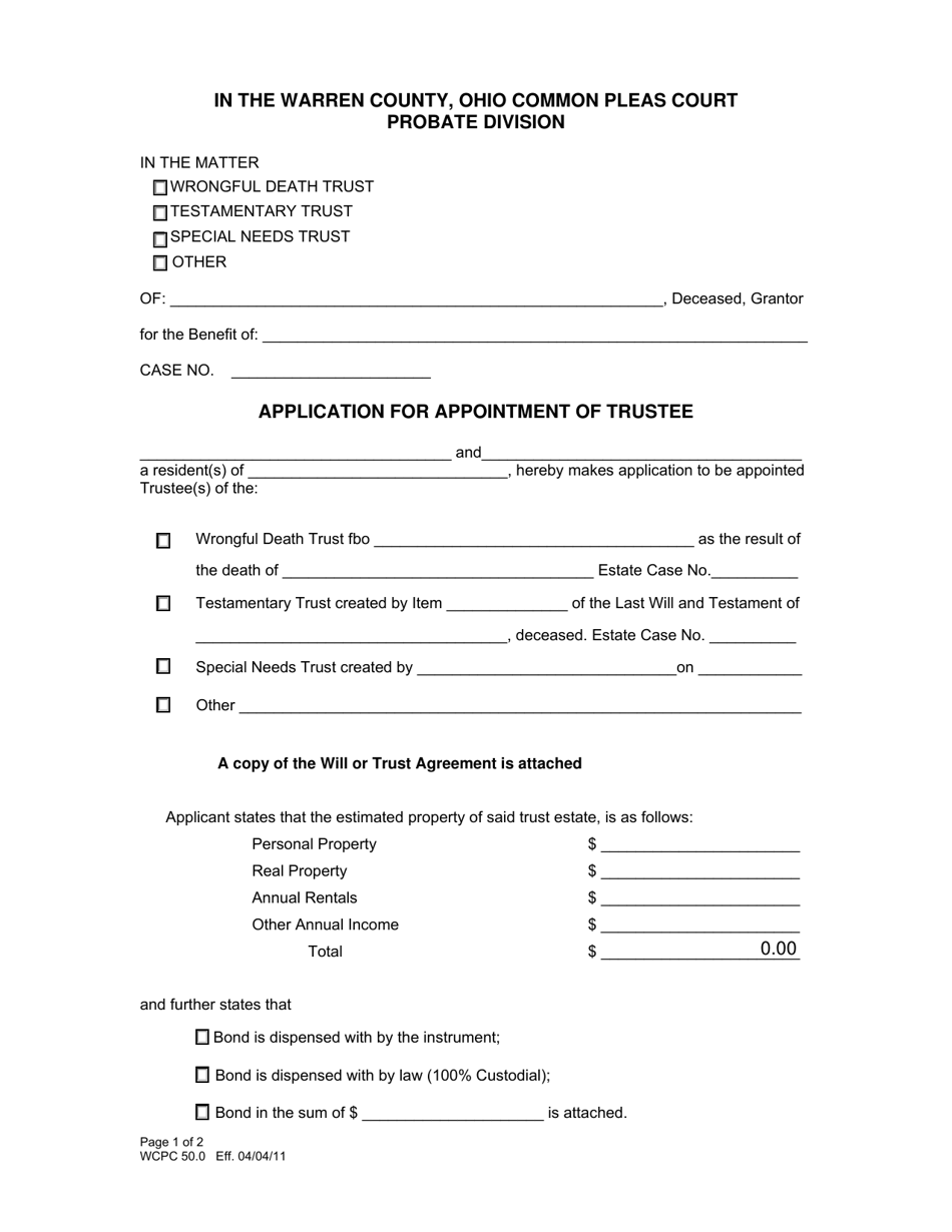 WCPC Form 50.0 Application for Appointment of Trustee - Warren County, Ohio, Page 1