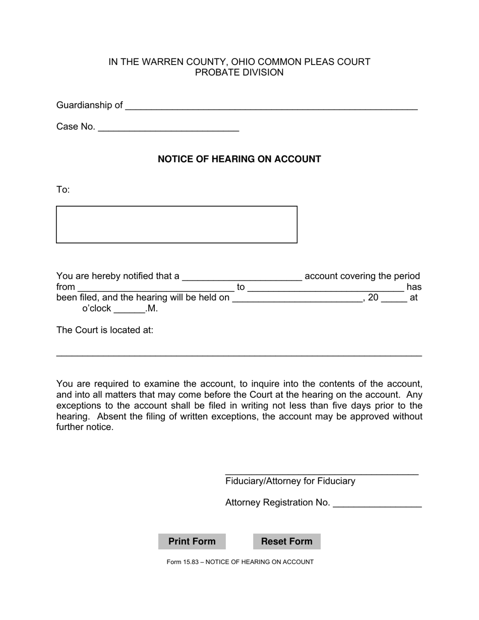 Form 15.83 Notice of Hearing on Account - Warren County, Ohio, Page 1
