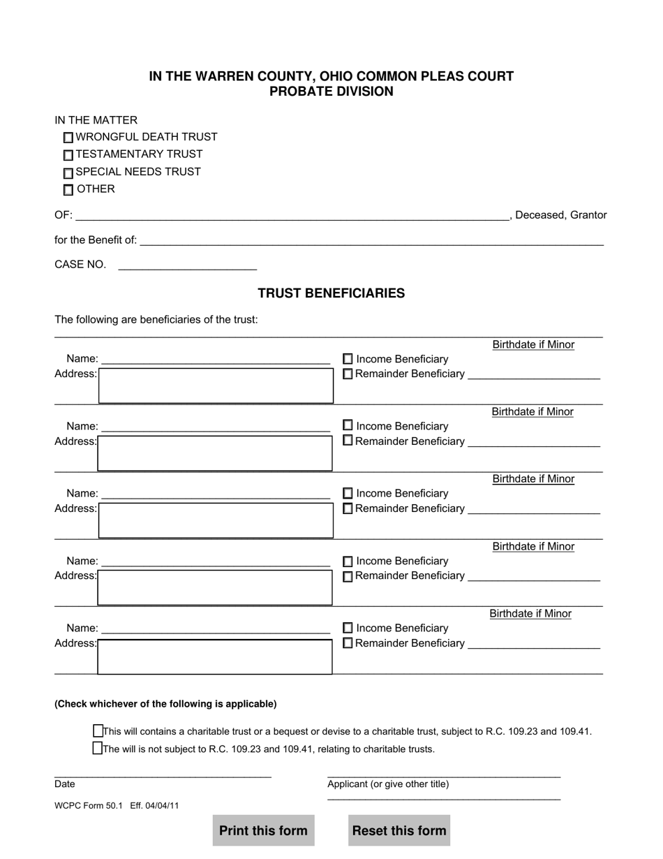 WCPC Form 50.1 Trust Beneficiaries - Warren County, Ohio, Page 1