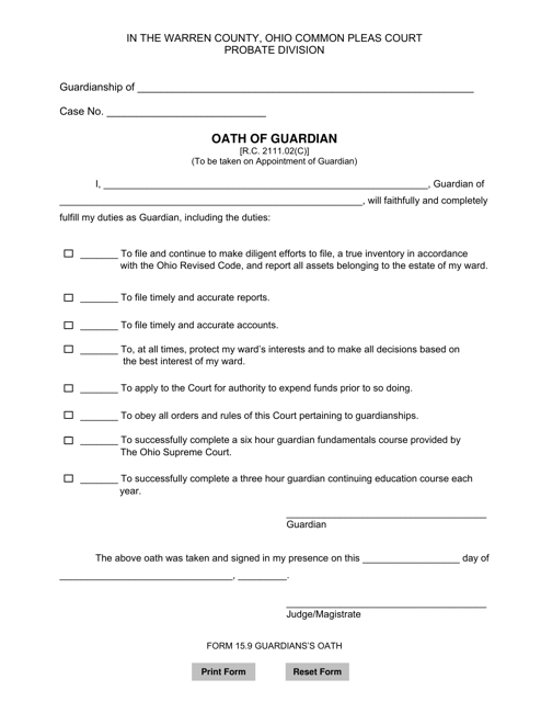 Form 15.9 Oath of Guardian - Warren County, Ohio