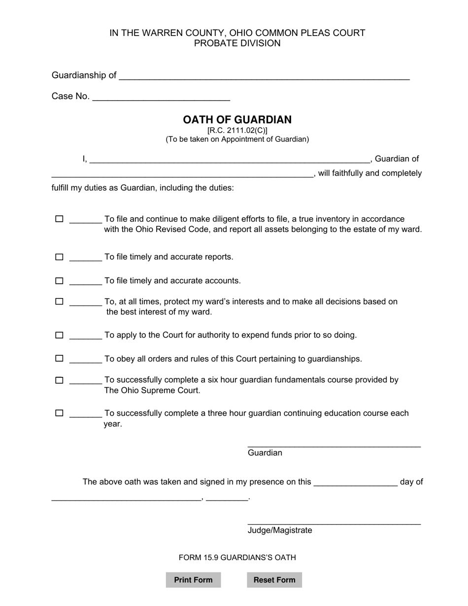 Form 15.9 Oath of Guardian - Warren County, Ohio, Page 1
