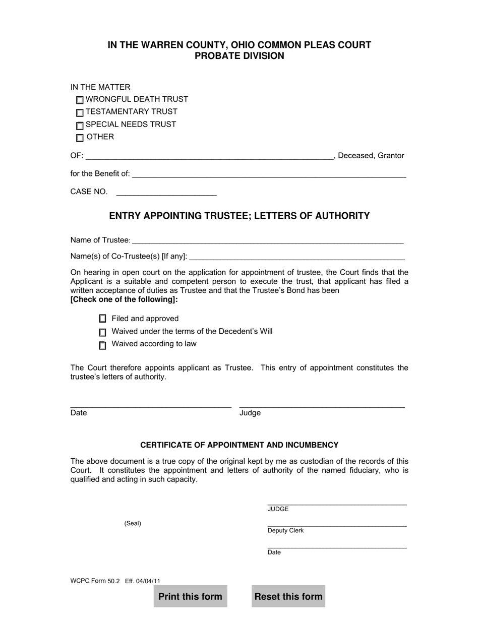 WCPC Form 50.2 Entry Appointing Trustee; Letters of Authority - Warren County, Ohio, Page 1