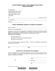 Document preview: WCPC Form 50.2 Entry Appointing Trustee; Letters of Authority - Warren County, Ohio