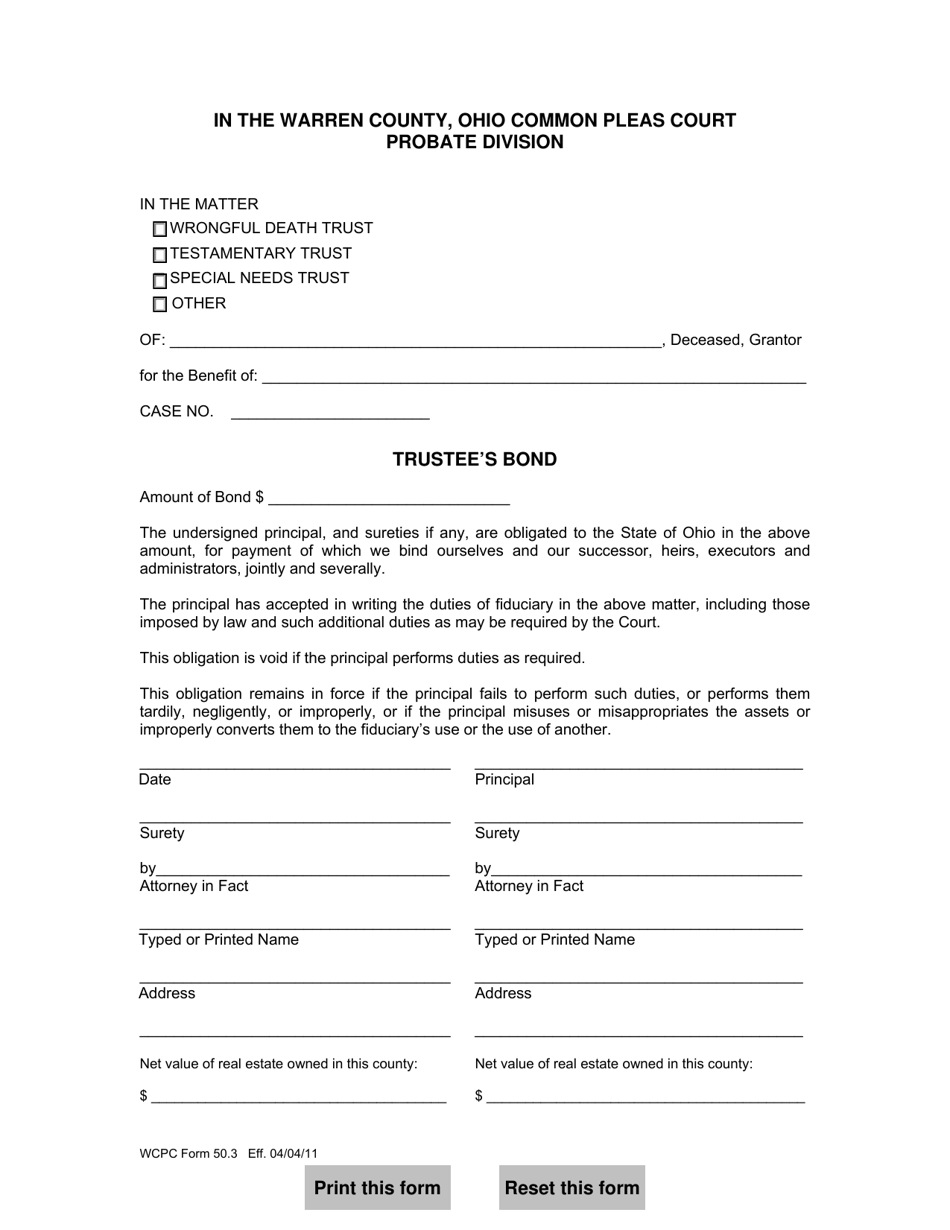 WCPC Form 50.3 Trustees Bond - Warren County, Ohio, Page 1
