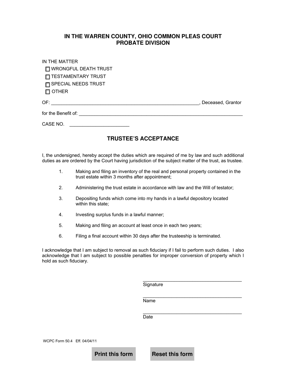 WCPC Form 50.4 Trustees Acceptance - Warren County, Ohio, Page 1