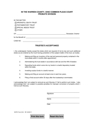 Document preview: WCPC Form 50.4 Trustee's Acceptance - Warren County, Ohio