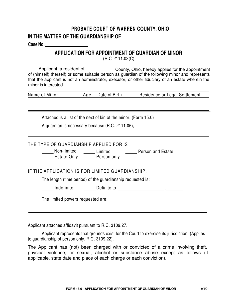 Form 16.0 Application for Appointment of Guardian of Minor - Warren County, Ohio, Page 1