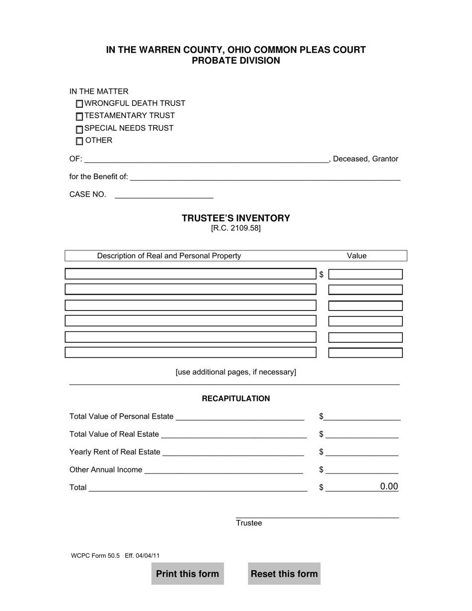 WCPC Form 50.5 Trustees Inventory - Warren County, Ohio, Page 1