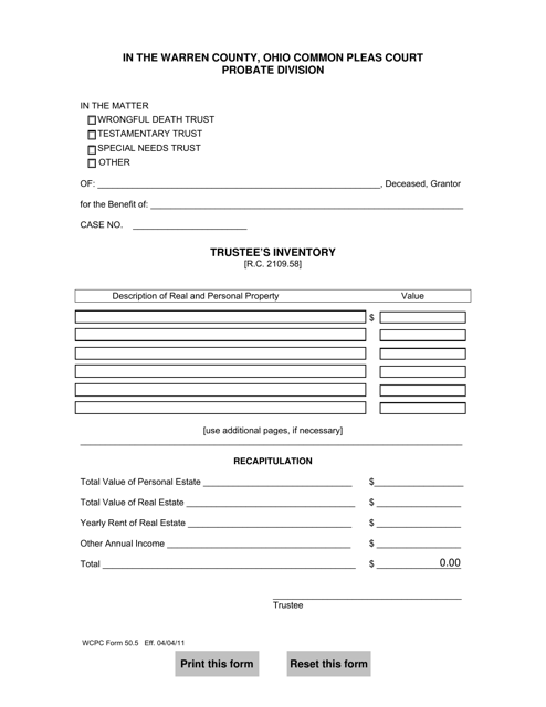 WCPC Form 50.5 Trustee's Inventory - Warren County, Ohio