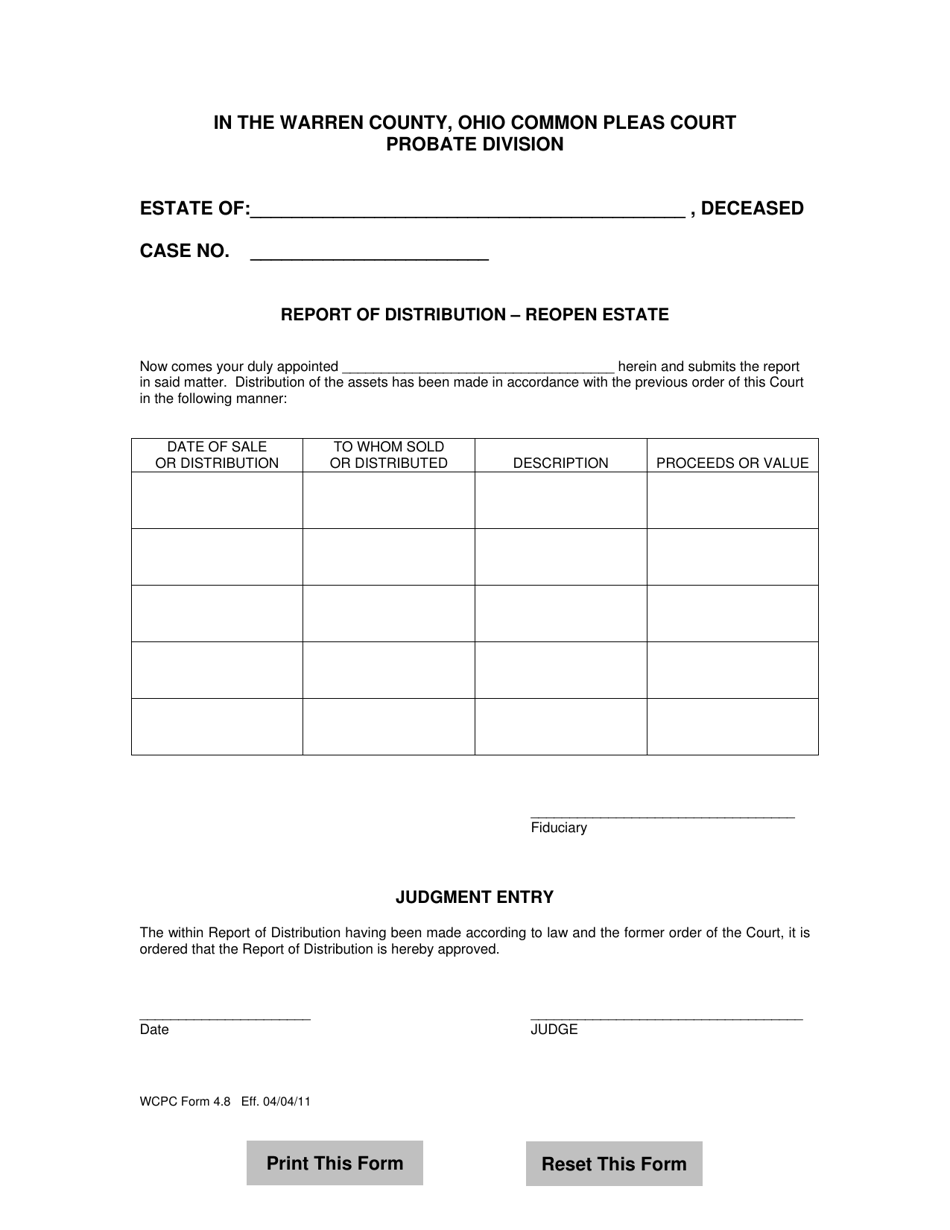 WCPC Form 4.8 Report of Distribution - Reopen Estate - Warren County, Ohio, Page 1