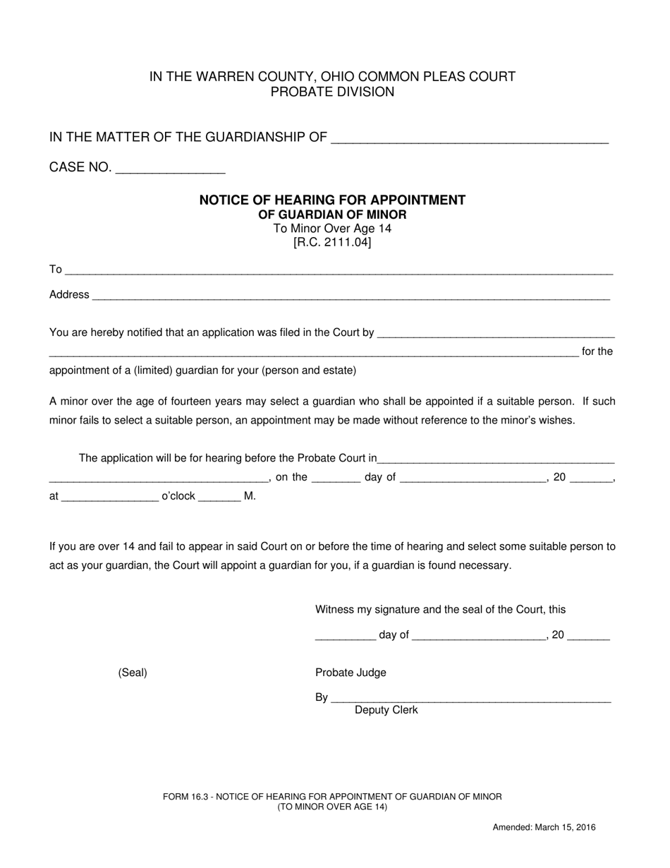 Form 16.3 Notice of Hearing for Appointment of Guardian of Minor (To Minor Over Age 14) - Warren County, Ohio, Page 1