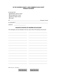 Document preview: WCPC Form 50.7 Waiver of Notice of Hearing on Account - Warren County, Ohio