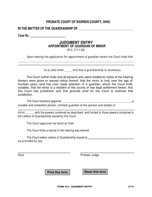 Form 16.5A Judgment Entry - Appointment of Guardian of Minor - Warren County, Ohio