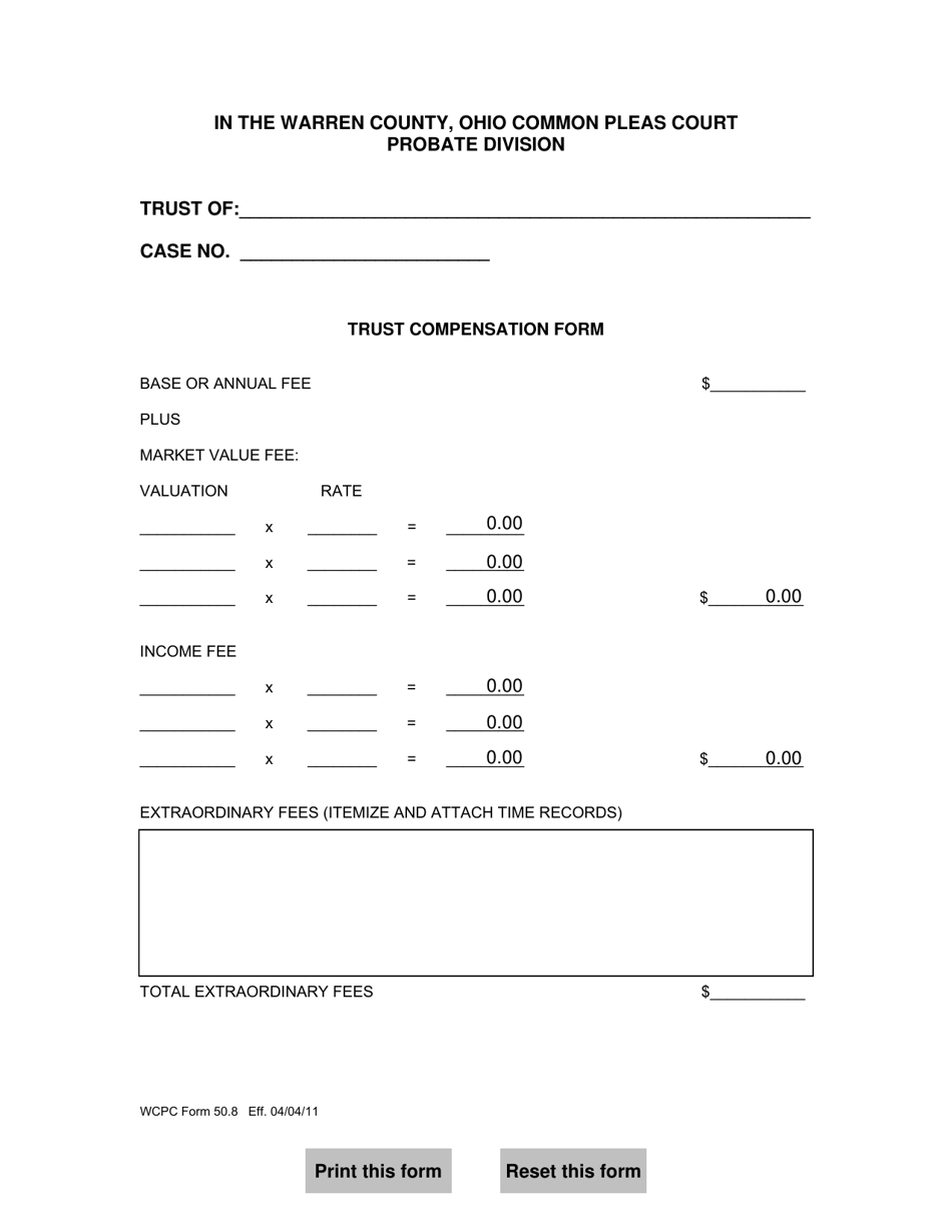 WCPC Form 50.8 Trust Compensation Form - Warren County, Ohio, Page 1