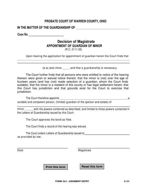 Form 16.5B Decision of Magistrate - Appointment of Guardian of Minor - Warren County, Ohio