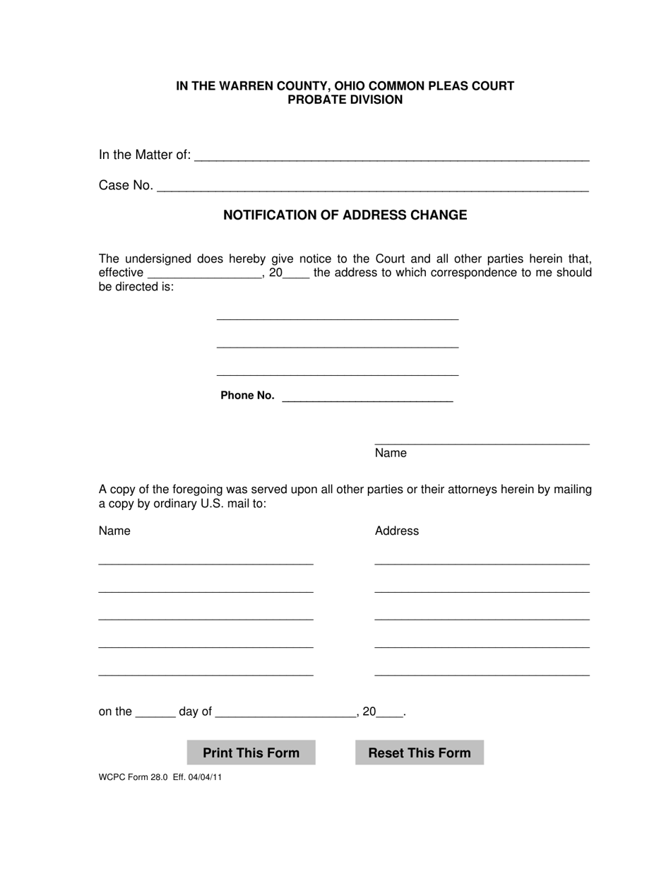 WCPC Form 28.0 Notification of Address Change - Warren County, Ohio, Page 1