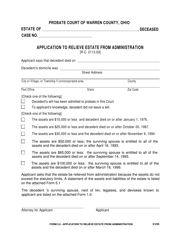 Document preview: Form 5.0 Application to Relieve Estate From Administration - Warren County, Ohio