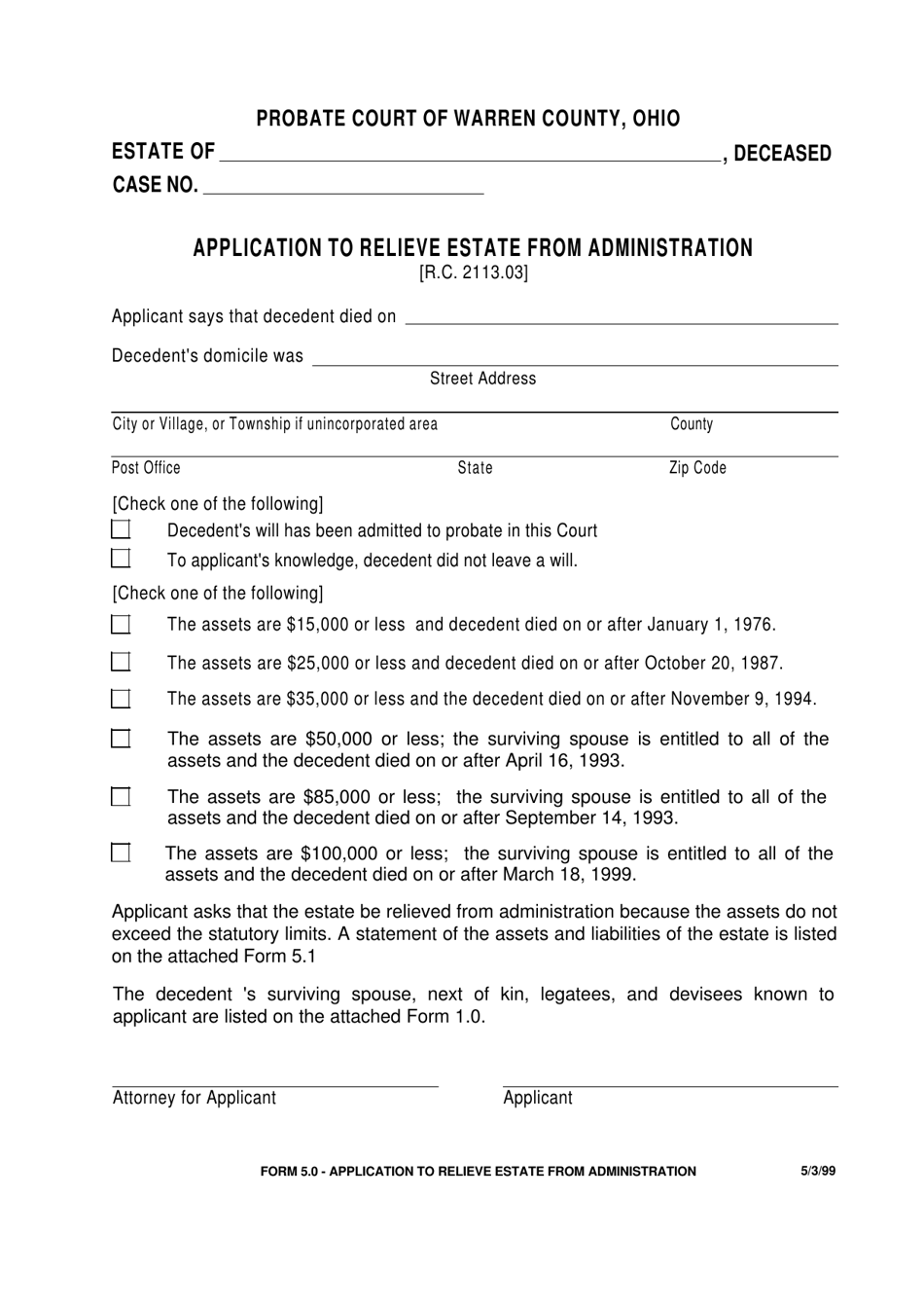 Form 5.0 Application to Relieve Estate From Administration - Warren County, Ohio, Page 1