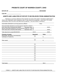 Document preview: Form 5.1 Assets and Liabilities of Estate to Be Relieved From Administration - Warren County, Ohio