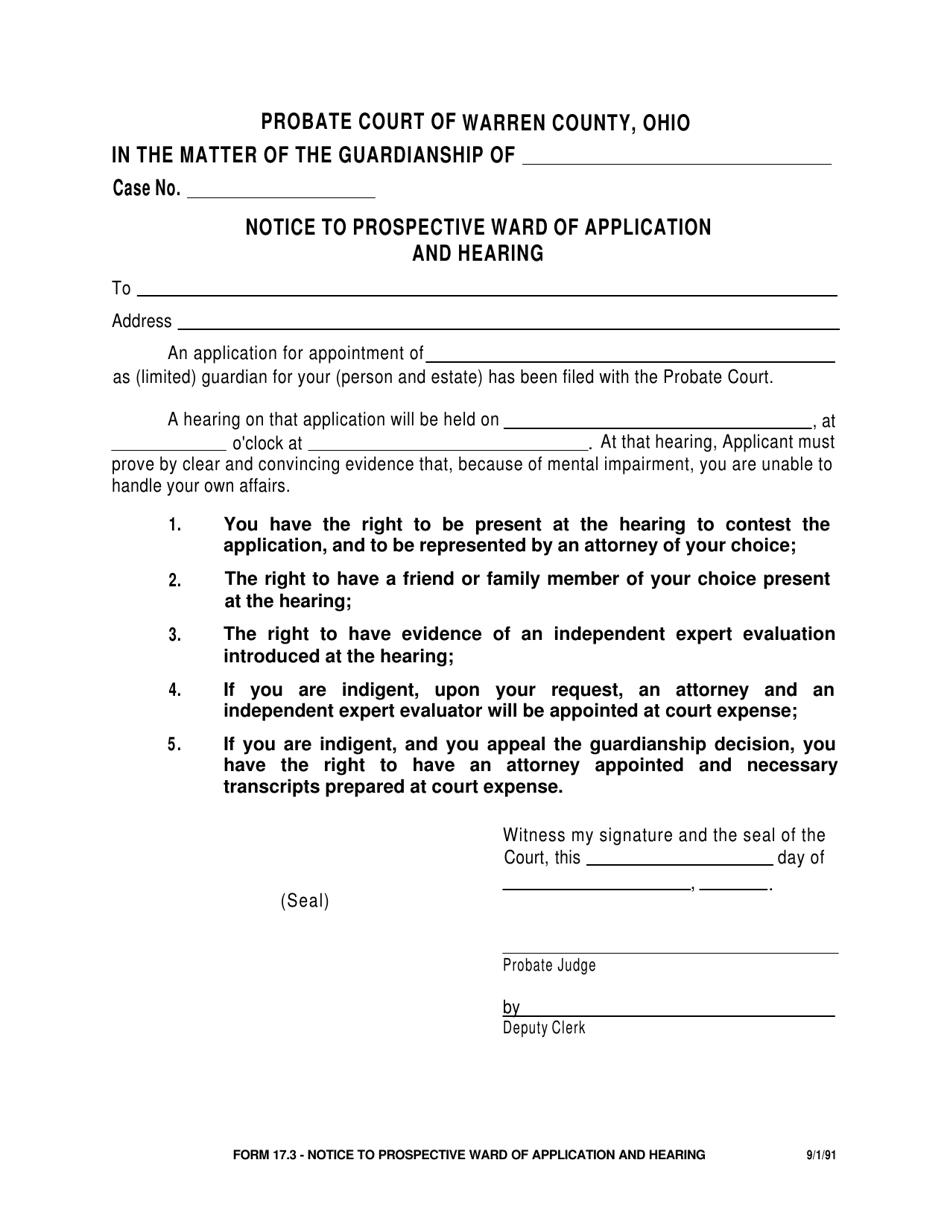 Form 17.3 Notice to Prospective Ward of Application and Hearing - Warren County, Ohio, Page 1