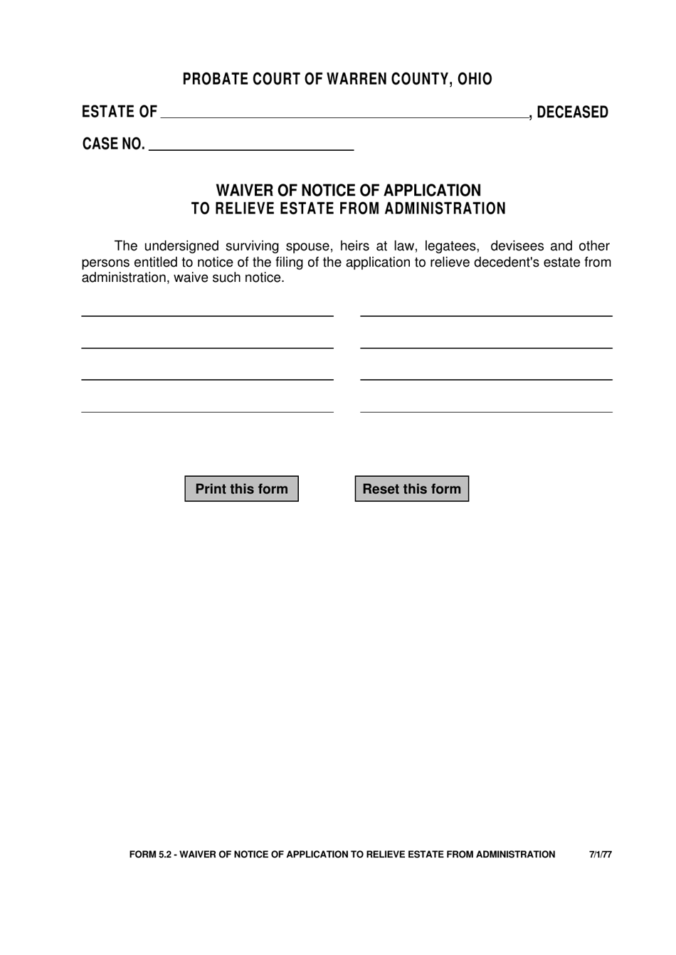 Form 5.2 Waiver of Notice of Application to Relieve Estate From Administration - Warren County, Ohio, Page 1