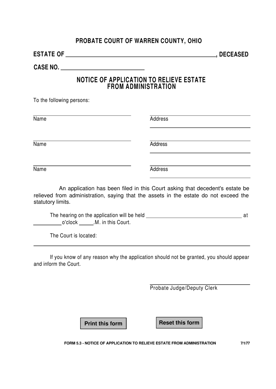 Form 5.3 Notice of Application to Relieve Estate From Administration - Warren County, Ohio, Page 1