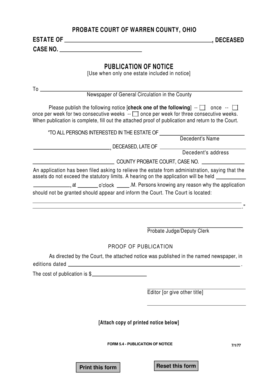 Form 5.4 Publication of Notice - Warren County, Ohio, Page 1