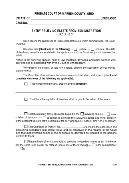 Form 5.6 Entry Relieving Estate From Administration - Warren County, Ohio
