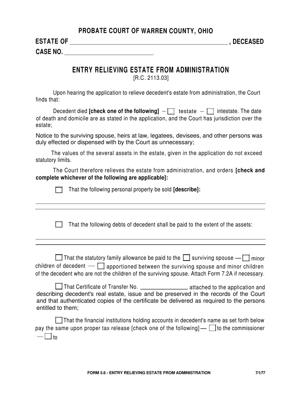Form 5.6 Entry Relieving Estate From Administration - Warren County, Ohio, Page 1