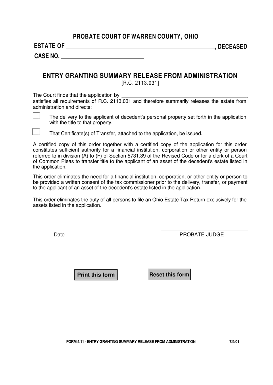 Form 5.11 Entry Granting Summary Release From Administration - Warren County, Ohio, Page 1