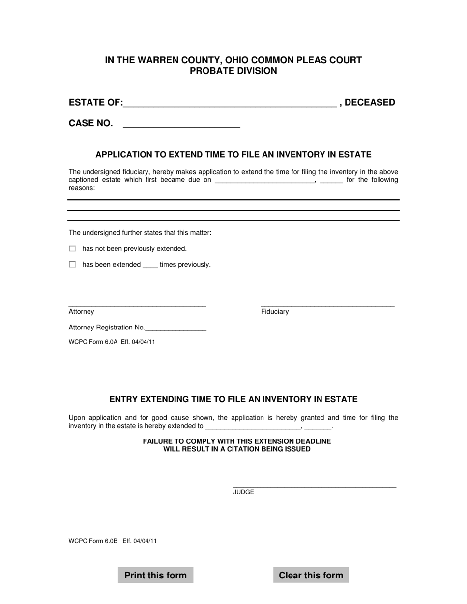 WCPC Form 6.0B Application to Extend Time to File an Inventory in Estate - Warren County, Ohio, Page 1