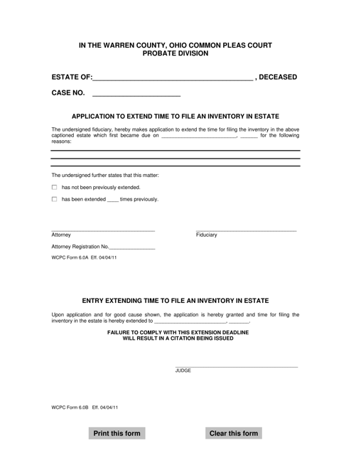 WCPC Form 6.0B Application to Extend Time to File an Inventory in Estate - Warren County, Ohio