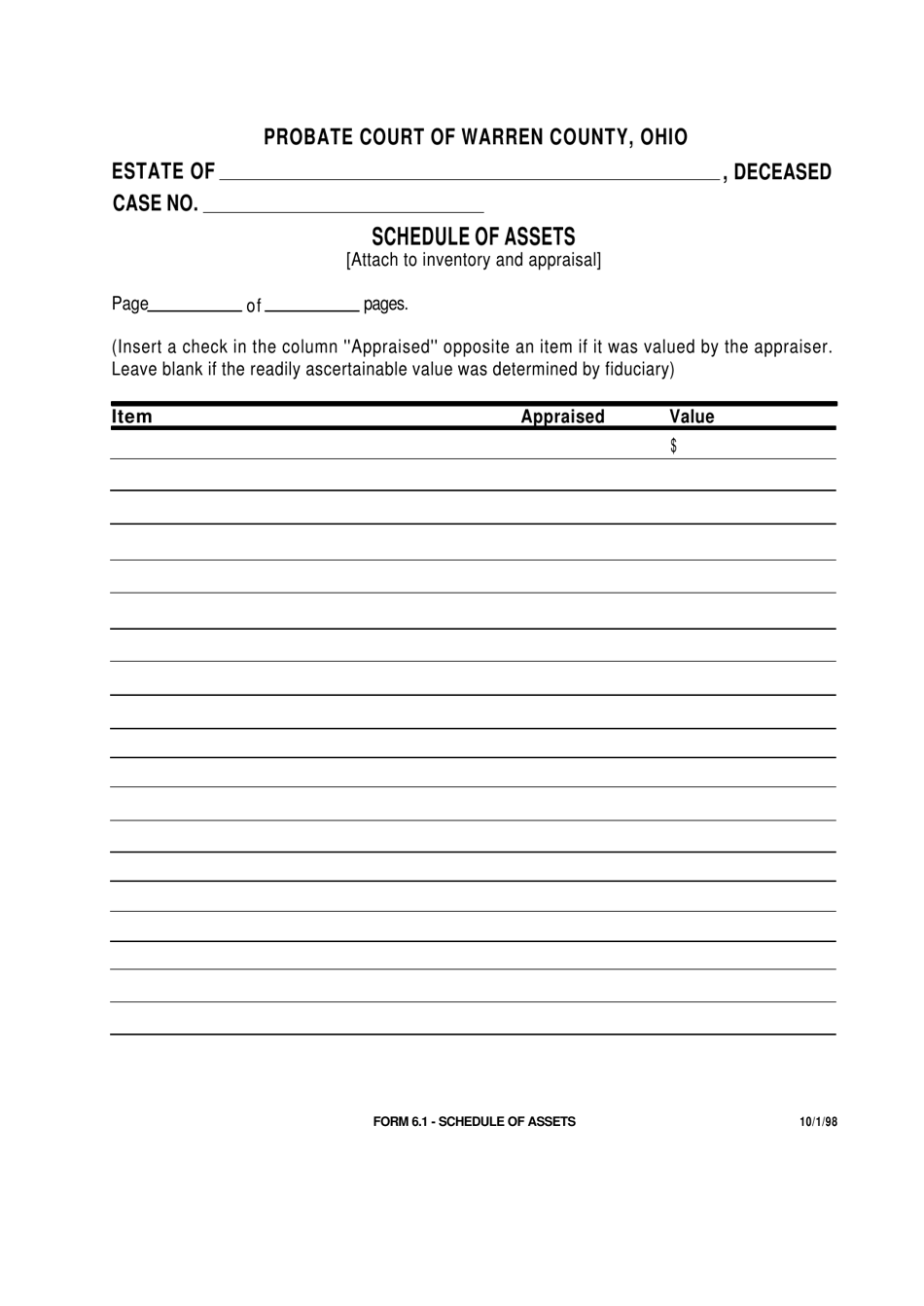 Form 6.1 Schedule of Assets - Warren County, Ohio, Page 1