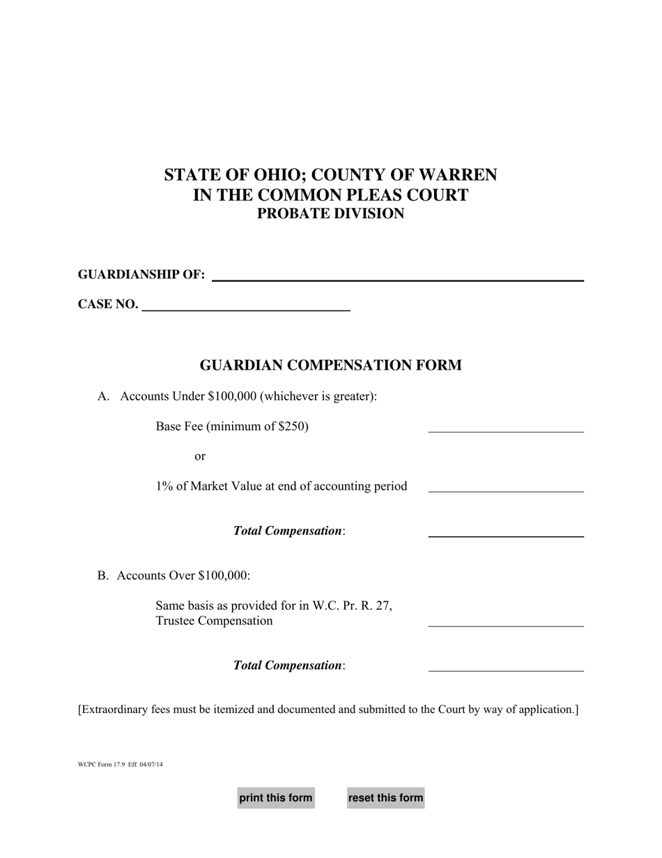 WCPC Form 17.9 Guardian Compensation Form - Warren County, Ohio, Page 1